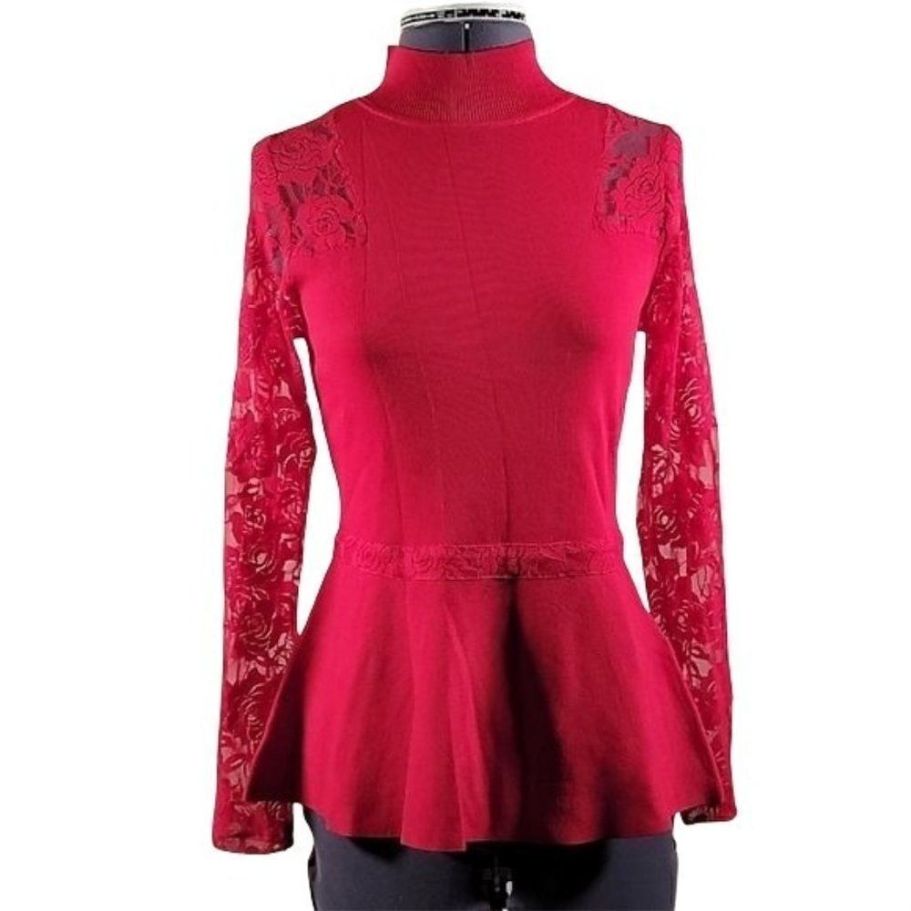 INC Petite Red Lace Peplum Top Sz SP